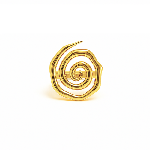 Gold spiral ring with a bold, abstract design and glossy finish.