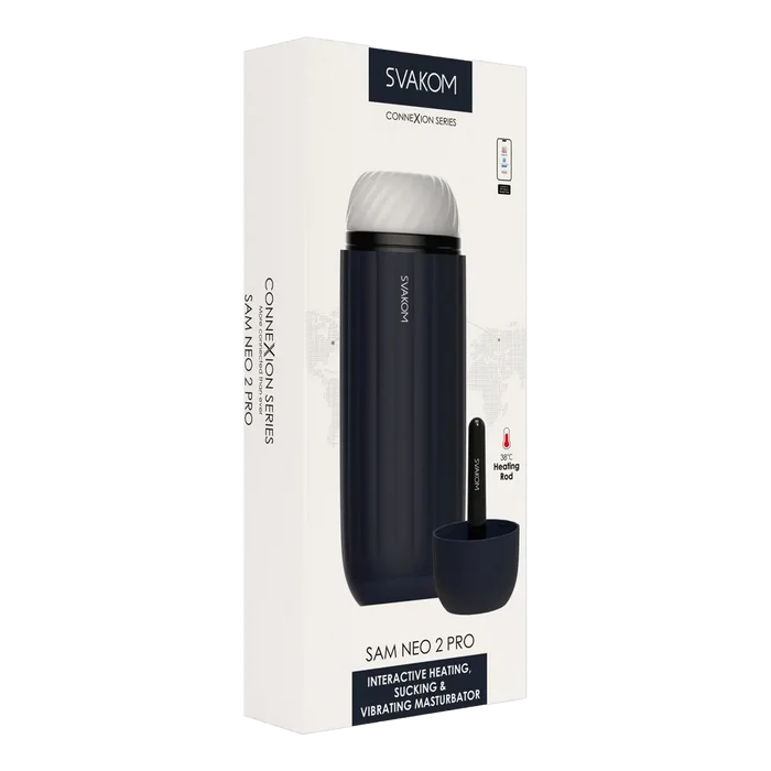 Svakom Sam Neo 2 Pro produktboks med illustrasjon av masturbator og oppvarmingsfunksjon
