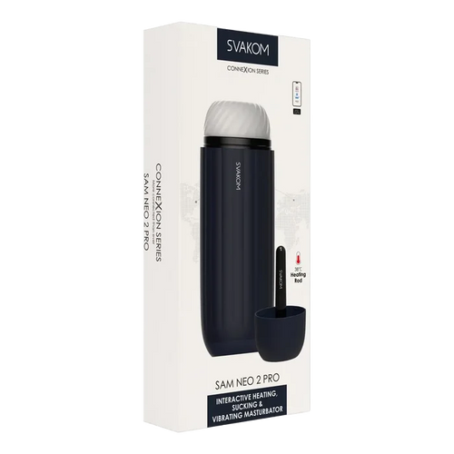 Svakom Sam Neo 2 Pro produktboks med illustrasjon av masturbator og oppvarmingsfunksjon