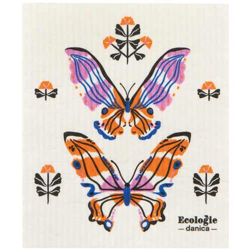 Sponge cloth with butterfly design and 'Ecologie danica' branding on a white background