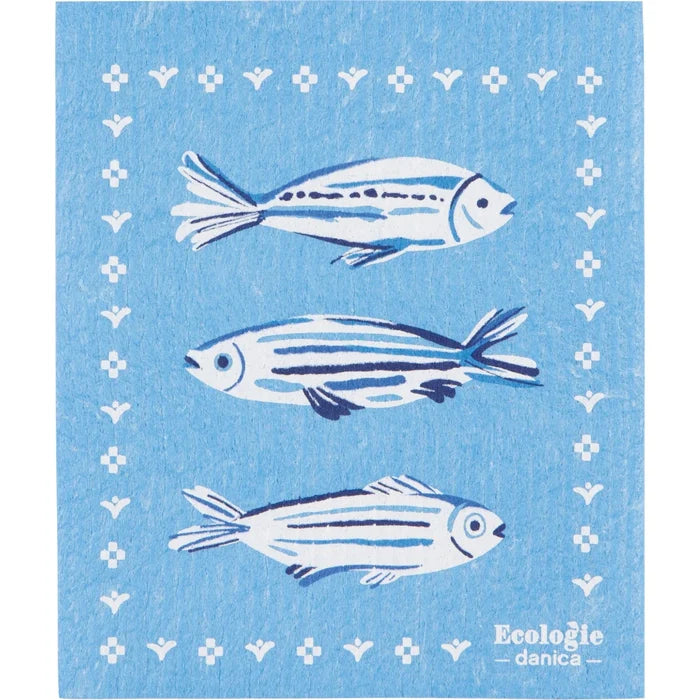Blue dishcloth with white fish patterns