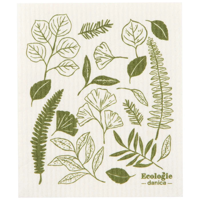 Dishcloth with green leaf patterns and 'Ecologie danica' branding on a white background