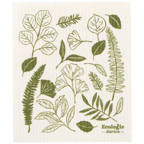 Dishcloth with green leaf patterns and 'Ecologie danica' branding on a white background