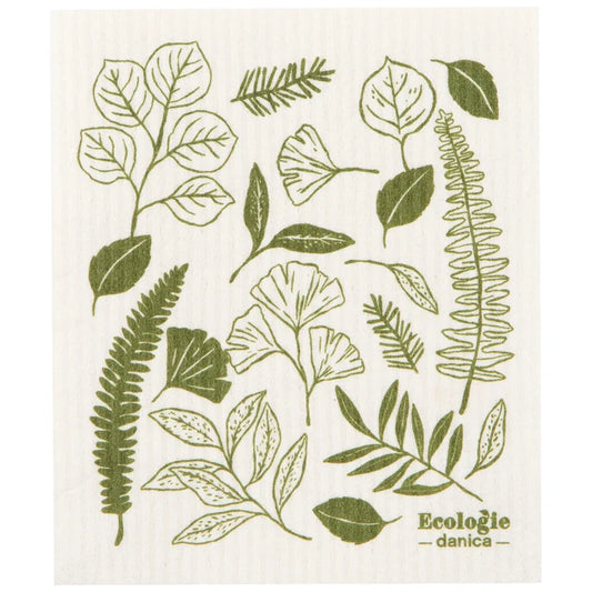 Dishcloth with green leaf patterns and 'Ecologie danica' branding on a white background