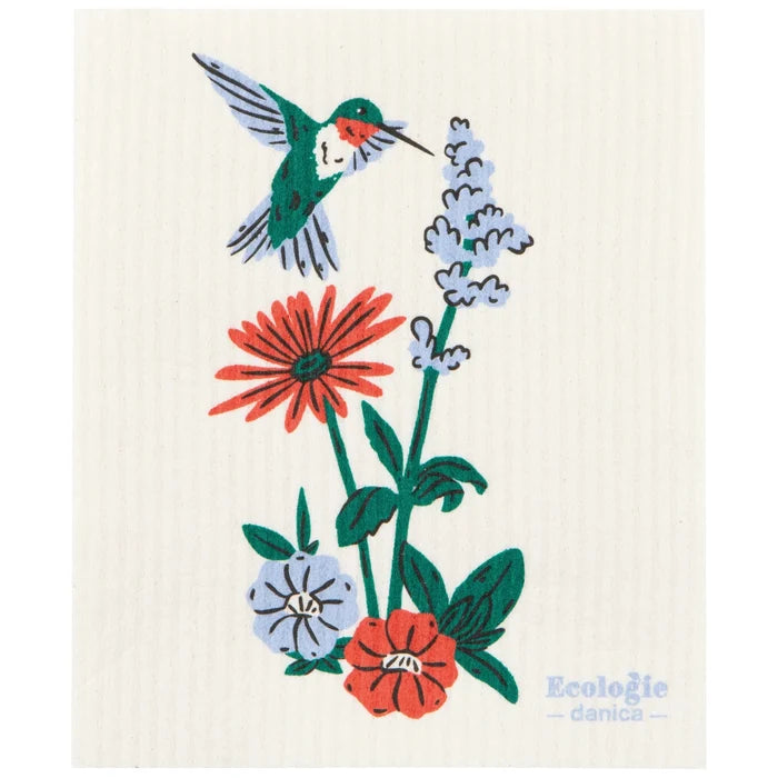 Decorative cloth with a hummingbird and flowers design on a white background, featuring the brand 'Ecologie danica'.
