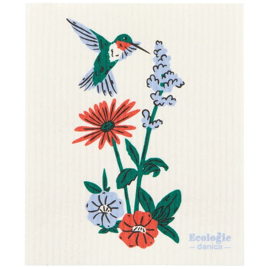 Decorative cloth with a hummingbird and flowers design on a white background, featuring the brand 'Ecologie danica'.