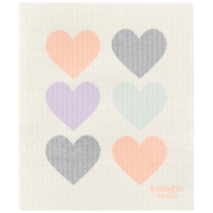 Dishcloth with pastel heart patterns on a white background