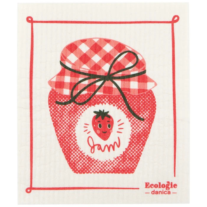 Dishtowel with a red jar of jam design and 'Ecologie danica' branding.