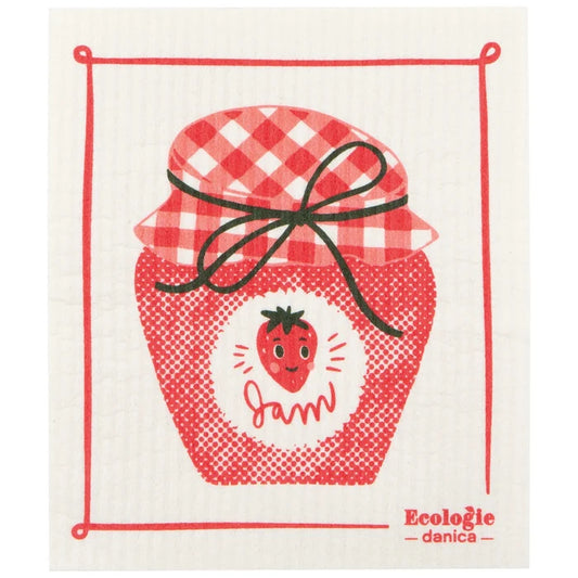 Dishtowel with a red jar of jam design and 'Ecologie danica' branding.