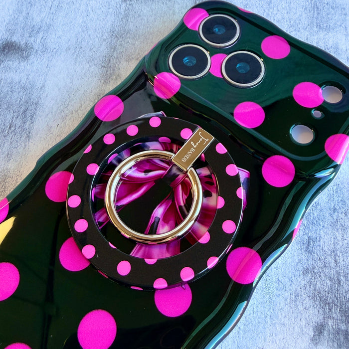 Sweet Spot black and pink polka dot MagSafe phone grip ring and stand compatible with iPhone and Samsung