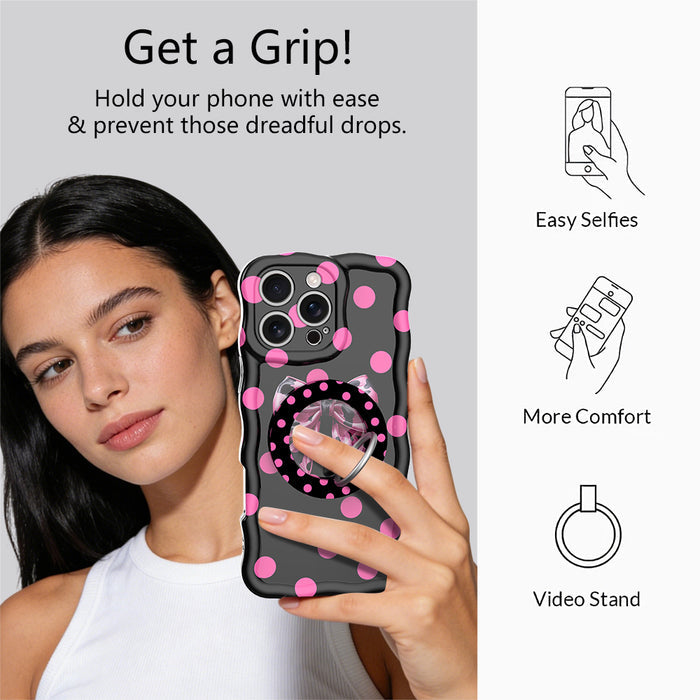 Sweet Spot black and pink polka dot MagSafe phone grip ring and stand compatible with iPhone and Samsung