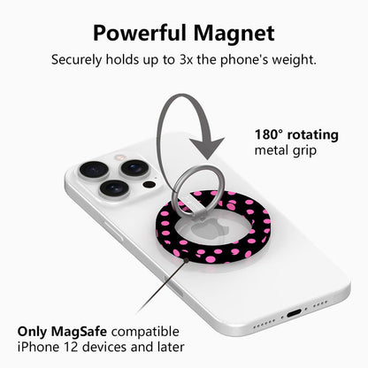 Sweet Spot black and pink polka dot MagSafe phone grip ring and stand compatible with iPhone and Samsung