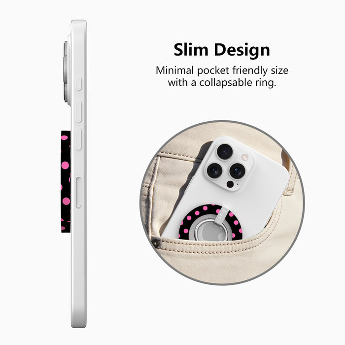 Sweet Spot black and pink polka dot MagSafe phone grip ring and stand compatible with iPhone and Samsung