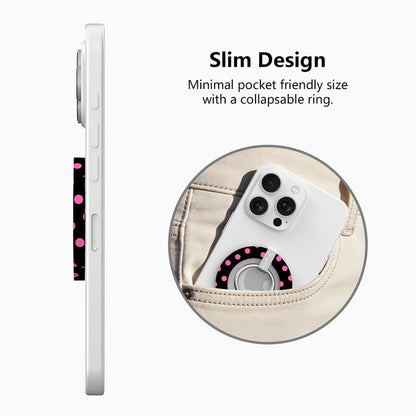 Sweet Spot black and pink polka dot MagSafe phone grip ring and stand compatible with iPhone and Samsung