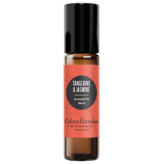 A roll-on essential oil bottle with a label that reads 'Tangerine & Jasmine Essential Oil Blend' from Edens Garden.