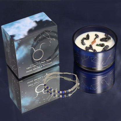 Taurus Zodiac Crystal Candle with Lapis Lazuli and Moss Agate Gemstone Bracelet Giftset