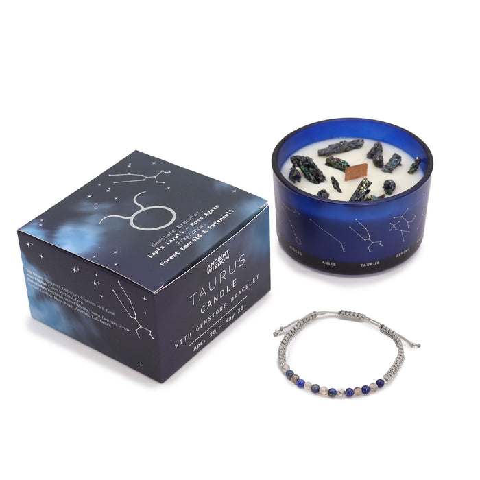 Taurus Zodiac Crystal Candle with Lapis Lazuli and Moss Agate Gemstone Bracelet Giftset