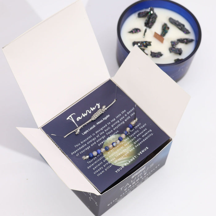 Taurus Zodiac Crystal Candle with Lapis Lazuli and Moss Agate Gemstone Bracelet Giftset