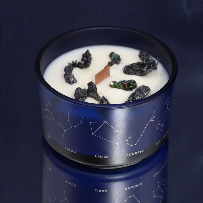 Taurus Zodiac Crystal Candle with Lapis Lazuli and Moss Agate Gemstone Bracelet Giftset