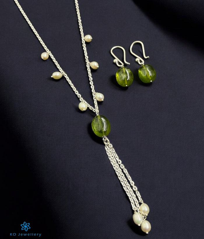 The Idaya Lariat Silver Pearl & Gemstone Necklace/ Earrings