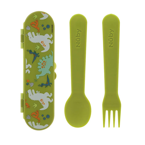 The Nuby Toddler Utensil Set | Dino includes a green spoon and fork with a matching travel case, all featuring colorful dinosaur designs—ideal self-feeding utensils for toddlers on the go.