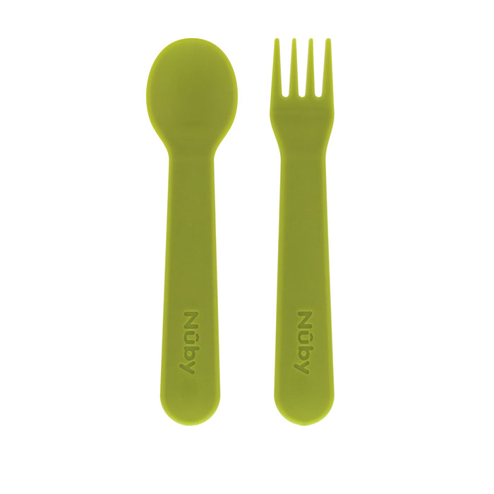 The Nuby Toddler Utensil Set | Dino features a green plastic spoon and fork with embossed handles, shown side by side on a white background—an ideal self-feeding set for toddlers.