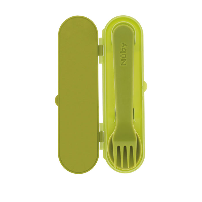 The Nuby Toddler Utensil Set | Dino includes a green plastic spork in a matching travel case. "Nuby" is printed on the handle, making it perfect for toddlers to self-feed while on the go.