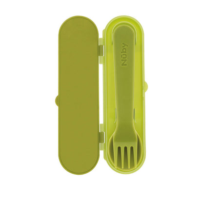 The Nuby Toddler Utensil Set | Dino includes a green plastic spork in a matching travel case. "Nuby" is printed on the handle, making it perfect for toddlers to self-feed while on the go.