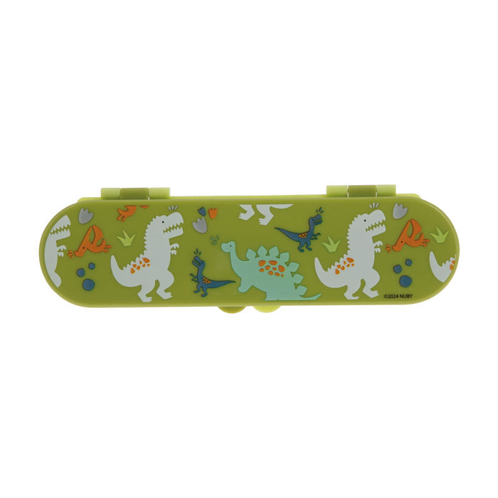 The Nuby Toddler Utensil Set | Dino comes in a green rectangular case with cartoon dinosaurs, orange trees, and plants on the lid—ideal for holding self-feeding utensils. The case features two top hinges for secure closure.