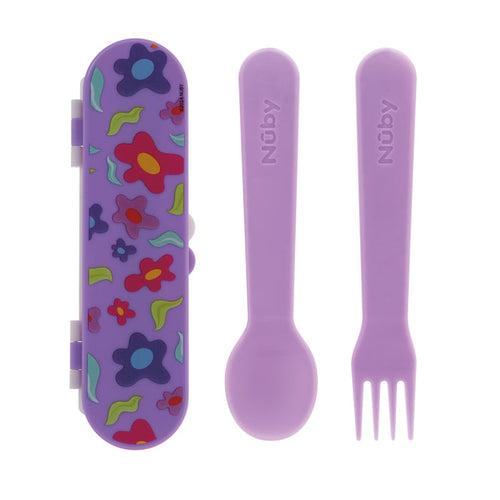 The Nuby Toddler Utensil Set | Flowers includes a purple spoon and fork for self-feeding, and comes with a floral-patterned travel case designed for children.