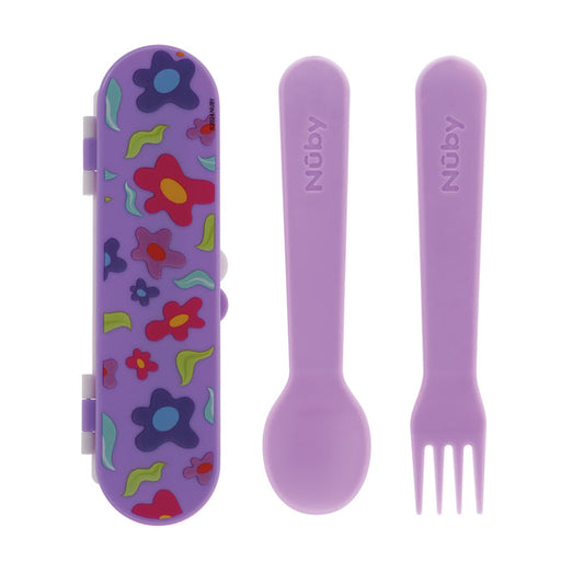The Nuby Toddler Utensil Set | Flowers includes a purple spoon and fork for self-feeding, and comes with a floral-patterned travel case designed for children.