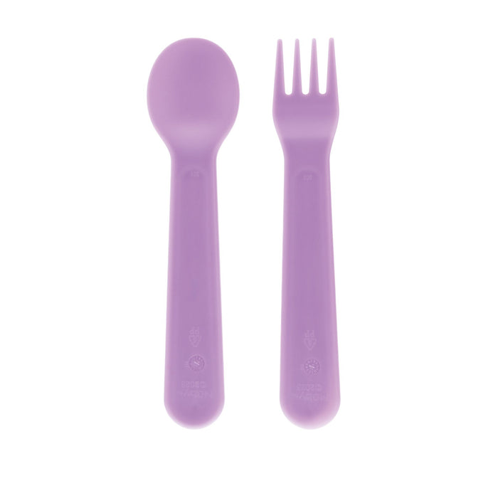 The Nuby Toddler Utensil Set | Flowers features a purple plastic spoon and fork side by side on a white background, ideal for toddlers.
