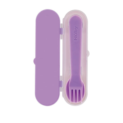 A purple spork from the Nuby Toddler Utensil Set | Flowers is shown in a matching travel case, open and viewed from above—ideal for self-feeding on the go.