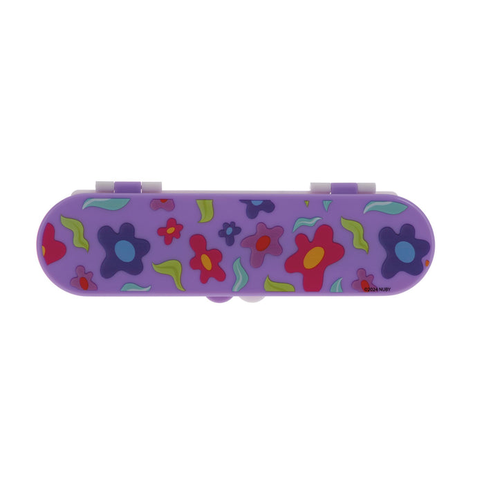 The Nuby Toddler Utensil Set | Flowers comes in a purple rectangular travel case with rounded edges, decorated with colorful cartoon flowers and leaves—ideal for storing self-feeding utensils on the go.
