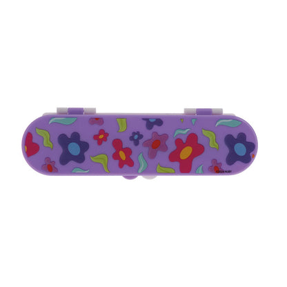 The Nuby Toddler Utensil Set | Flowers comes in a purple rectangular travel case with rounded edges, decorated with colorful cartoon flowers and leaves—ideal for storing self-feeding utensils on the go.