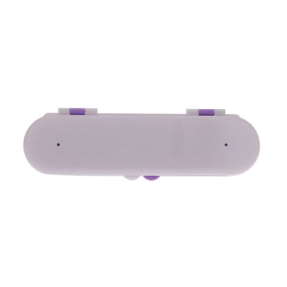 The Nuby Toddler Utensil Set | Flowers comes in a light purple, oval travel case with two small purple clips on top, ideal for storing utensils. Shown against a white background.