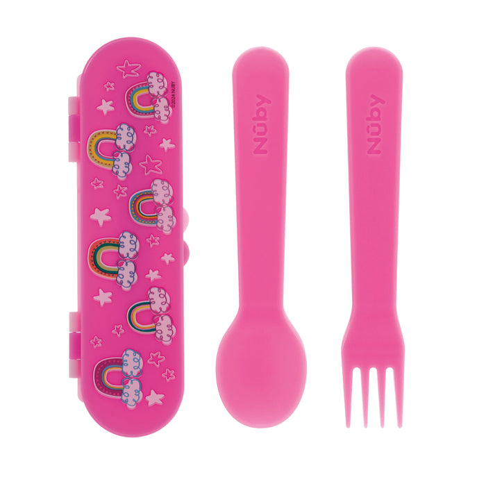 The Nuby Toddler Utensil Set | Rainbow includes a pink spoon and fork with a matching travel case, decorated with rainbows, clouds, hearts, and stars. "Nuby" is printed on these self-feeding utensils.