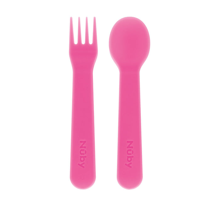 The Nuby Toddler Utensil Set | Rainbow includes a fork and spoon with embossed handles, designed for children and ideal for self-feeding. The set is shown on a white background.