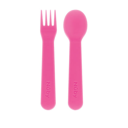 The Nuby Toddler Utensil Set | Rainbow includes a fork and spoon with embossed handles, designed for children and ideal for self-feeding. The set is shown on a white background.