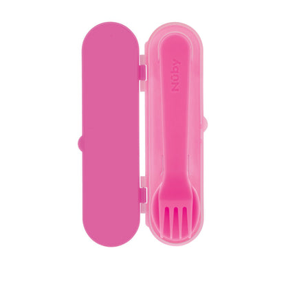 The Nuby Toddler Utensil Set | Rainbow features a pink plastic spork in a matching travel case, ideal for self-feeding on the go. The Nuby brand is shown on the handle—perfect for little ones.