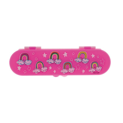 The Nuby Toddler Utensil Set | Rainbow comes in a pink rectangular case decorated with rainbows, smiling clouds, and stars. Two clasps keep utensils secure, making it perfect for travel or on-the-go toddler meals.