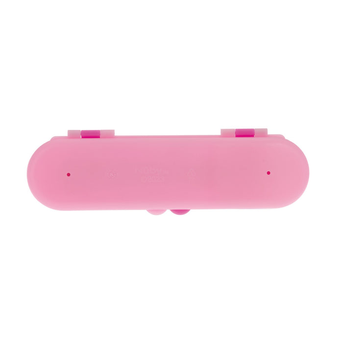 A pink, oval Nuby Toddler Utensil Set | Rainbow travel case with dual top clasps, designed for storage, is shown from above on a white background.