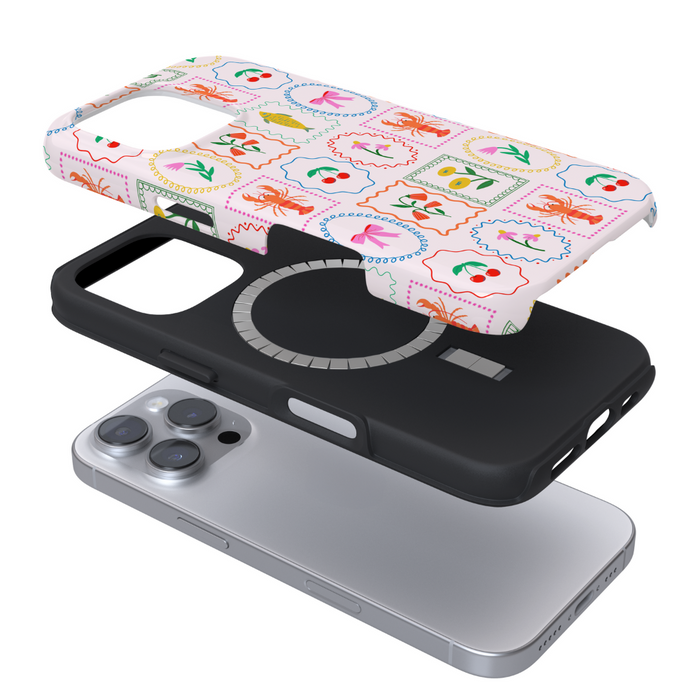 Coconut Lane Dolce Vita MagSafe® phone case with a colorful insect and leaf pattern on a durable, triple-layer design.