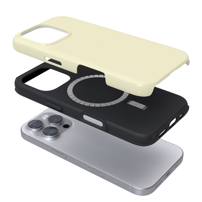 NAKD Yellow Coconut Lane Tough MagSafe® phone case separating from a silver iPhone Pro in an exploded view.