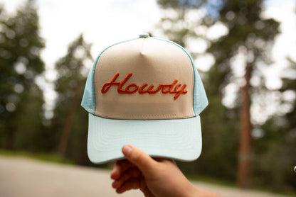 Trucker Hat-Howdy Embroidered Trucker - Pale Blue/Orange