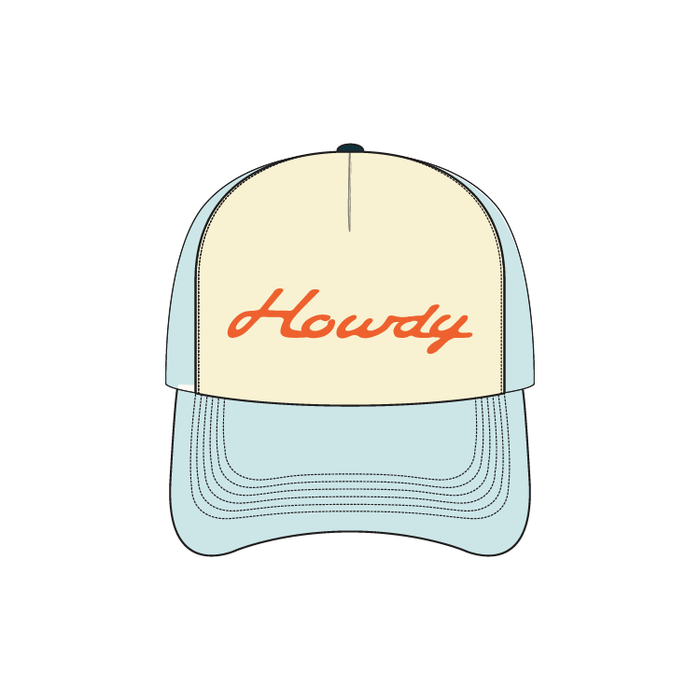 Trucker Hat-Howdy Embroidered Trucker - Pale Blue/Orange