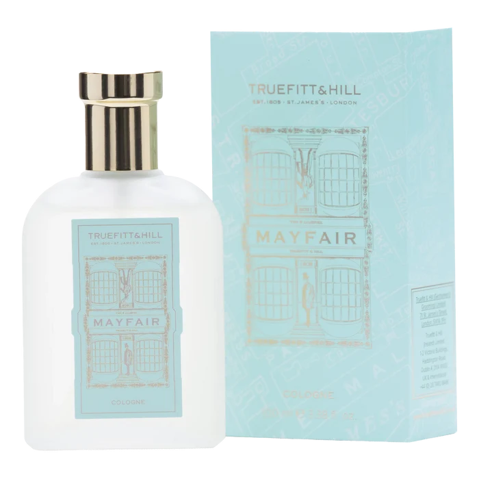 Truefitt & Hill Mayfair Cologne 100 ml i hvit glassflaske med gullkork og blågrønn etikett