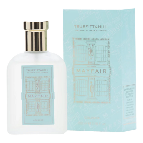 Truefitt & Hill Mayfair Cologne 100 ml i hvit glassflaske med gullkork og blågrønn etikett