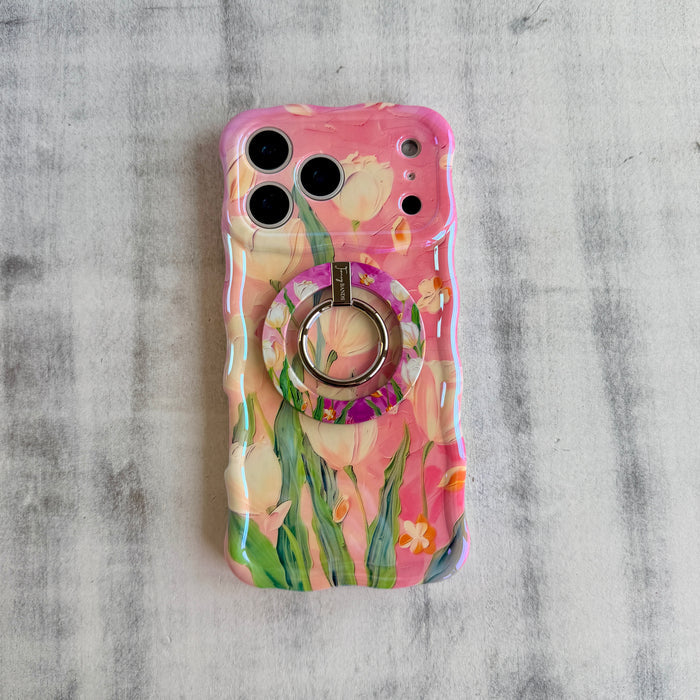 Tulip Whisper textured oil painting style MagSafe phone grip ring with white tulips on a pink background compatible with iPhone and Samsung