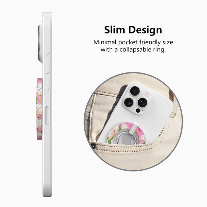Tulip Whisper textured oil painting style MagSafe phone grip ring with white tulips on a pink background compatible with iPhone and Samsung